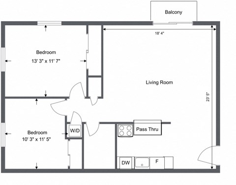 Floor plan for 2 beds, 1 bath, 850 sqft